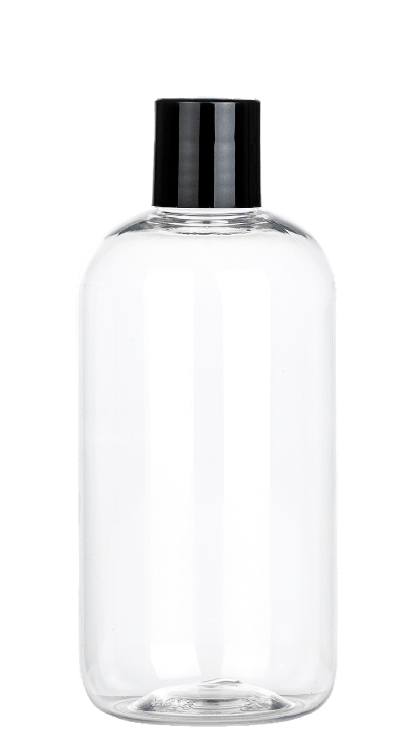 Clear PET bottle with black screw closure