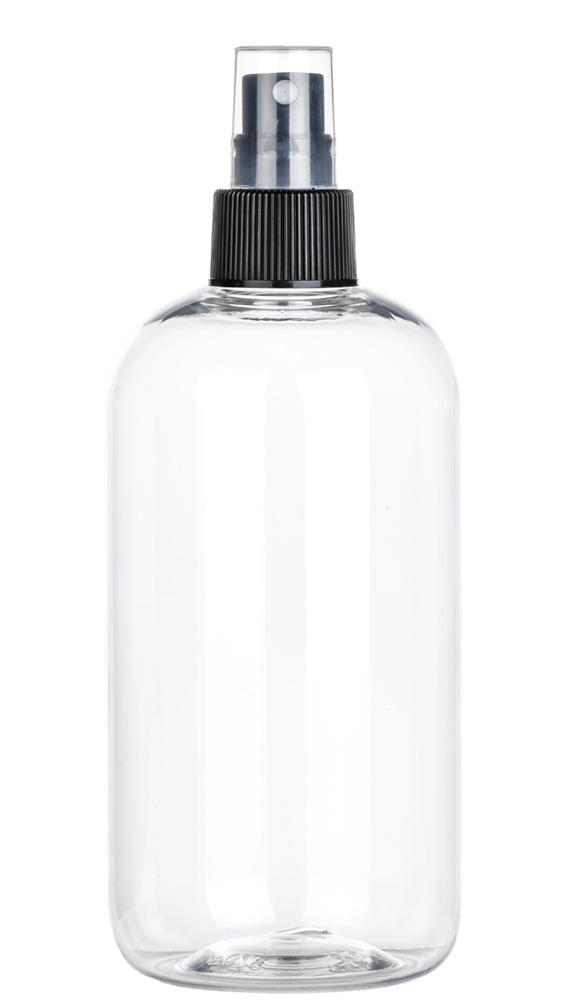 Clear PET bottle with black finger sprayer
